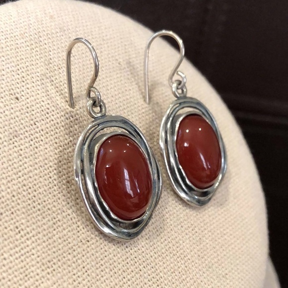 SHABLOOL DIDAE Carnelian Cabochon Nested In Sterling Silver Drop Earrings - Picture 2 of 7